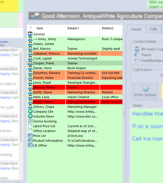 Client Resource List - telephone answering service software operator dashboard showing client resource list e.g. contacts, relevant web links, local files, bookings etc