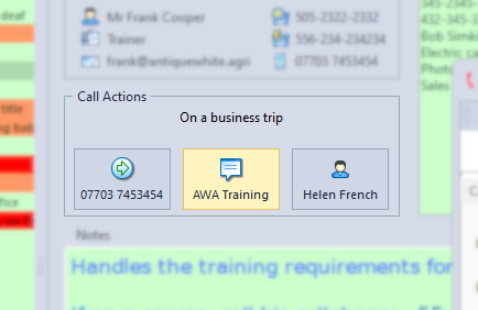 Answering Service software package - operator dashboard showing the relevant call actions for the selected operator.  In this case transfer to mobile, complete a message taking form, or link to an alternative contact