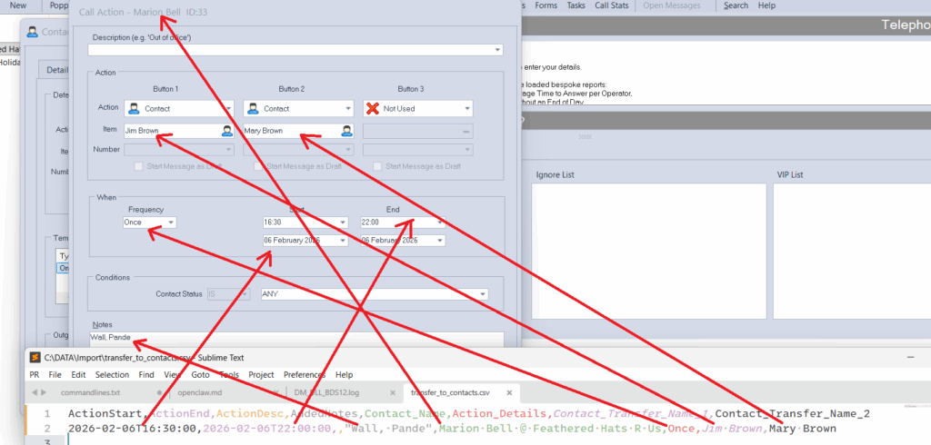 Showing CSV importing of temporary call action
