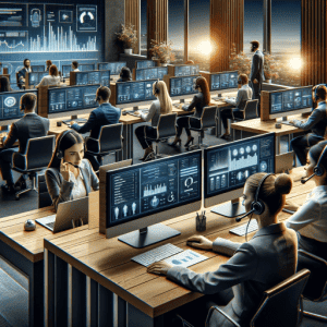 An image depicting a modern, professional office setting with a focus on telephone answering service operations.