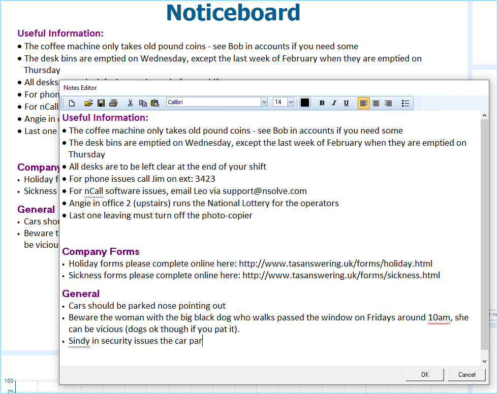 The Noticeboard feature of the nCall Answering Service software package