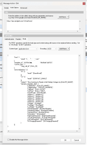 This configuration window is set up to define an action that will trigger when certain criteria in nCall are met, typically to send a message via a web service.