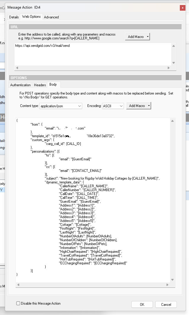 This configuration window is set up to define an action that will trigger when certain criteria in nCall are met, typically to send a message via a web service.