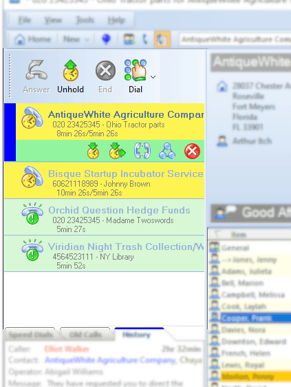 Phone System Integration - Call Handling section showing mulitple calls being handled with Answer, Hold, Unhold, Transfer and Conference options