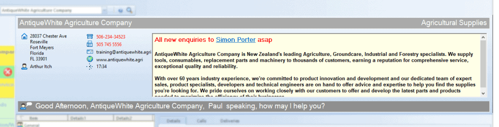 Answering Service Software client area, showing basic details about the client. Some elements marked in red as private, plenty of useful information for the operator