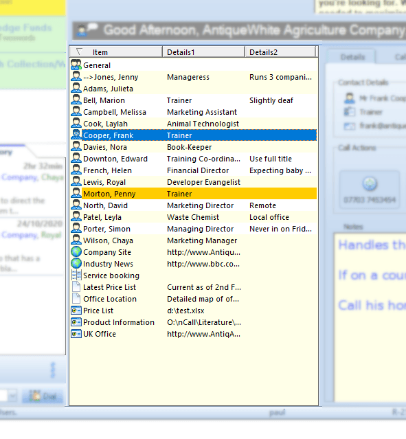 Client Resource List - telephone answering service software operator dashboard showing client resource list e.g. contacts, relevant web links, local files, bookings etc