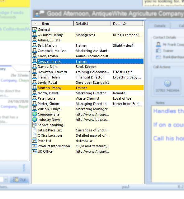 Client Resource List - telephone answering service software operator dashboard showing client resource list e.g. contacts, relevant web links, local files, bookings etc